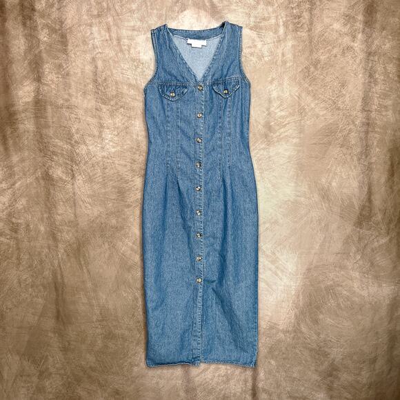 Vintage 90s Casual Corner Button Up Denim Maxi Dress Sleeveless Blue V Neck Chic - Picture 1 of 7